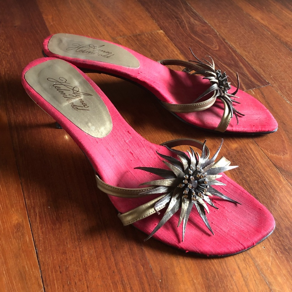 Kitten Heel Sandal w/ Leather Starbursts and Rhinestones Bronze Brown Size 8 1/2